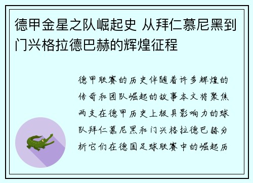 德甲金星之队崛起史 从拜仁慕尼黑到门兴格拉德巴赫的辉煌征程