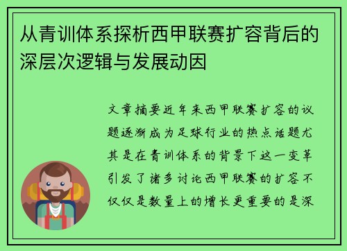从青训体系探析西甲联赛扩容背后的深层次逻辑与发展动因