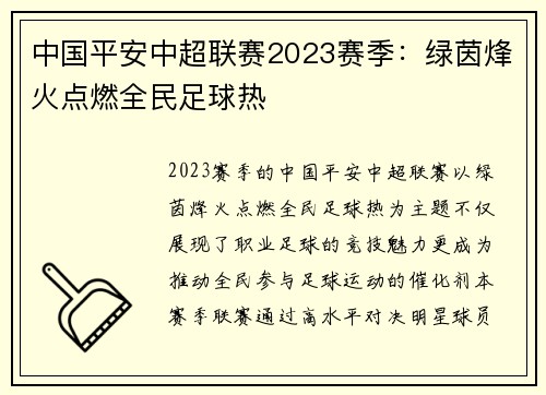 中国平安中超联赛2023赛季：绿茵烽火点燃全民足球热