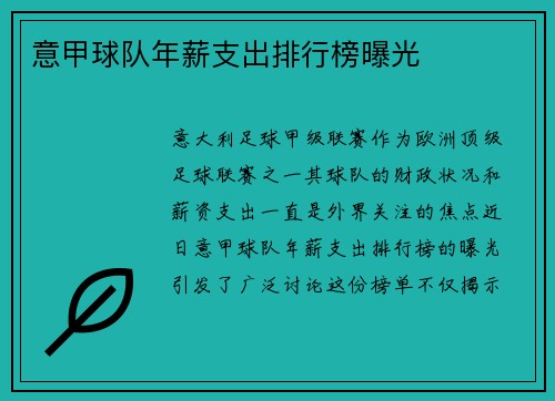 意甲球队年薪支出排行榜曝光