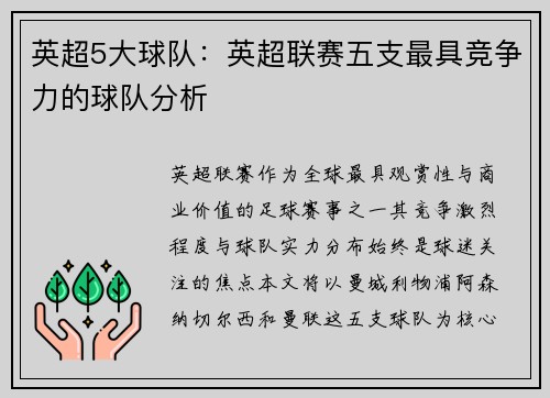 英超5大球队：英超联赛五支最具竞争力的球队分析